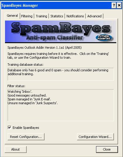 SpamBayes implementa sofisticati algoritmi  per separare lo spam dalla posta personale.