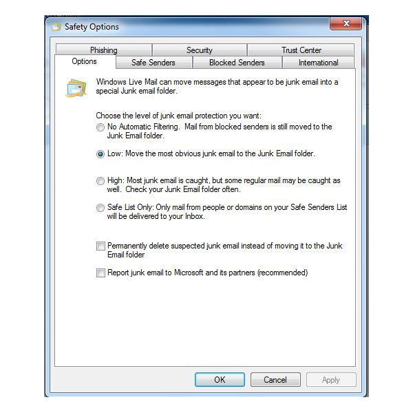 La sensibilitÃ Â  del filtro anti-spam di Windows Live Mail Ã¨ impostabile secondo le necessitÃ Â  dell'utente.