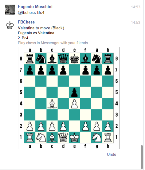 Per indicare le mosse viene utilizzata la notazione algebrica, utilizzando per i pezzi lo standard inglese. Per esempio, per spostare l'alfiere in c4, bisogna scrivere "@fbchess Bc4".