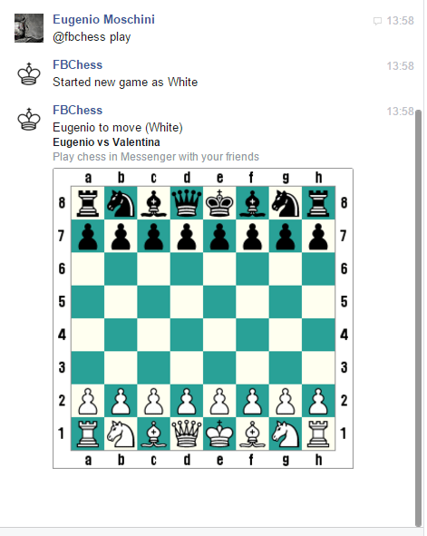 Basta digitare @fbchess play per avviare una partita a scacchi