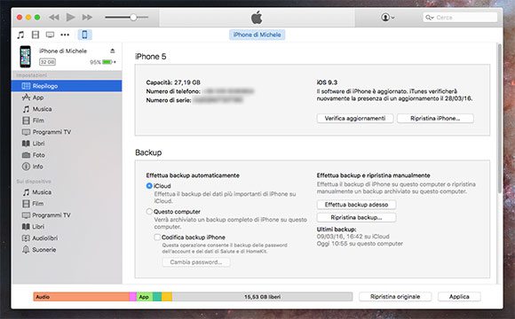 Preferenze di backup in iTunes