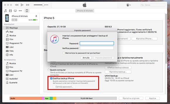 Impostare password di backup in iTunes