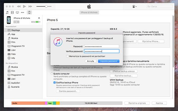 Impostare password di backup in iTunes
