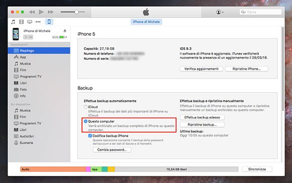 Modifica impostazioni di backup in iTunes