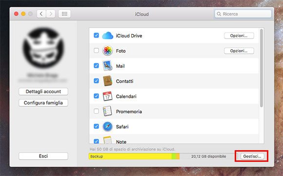 Pannello iCloud su Mac
