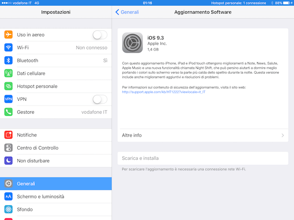 La notifica relativa alla disponibilitÃ Â  dell'aggiornamento a iOS 9.3 sull'iPad giÃ Â  aggiornato il 22 marzo scorso.