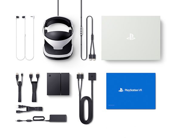Il contenuto hardware della confezione di PlayStation VR. A tutto ciÃ² si aggiungono sei giochi ottimizzati per la realtÃ Â  virtuale.