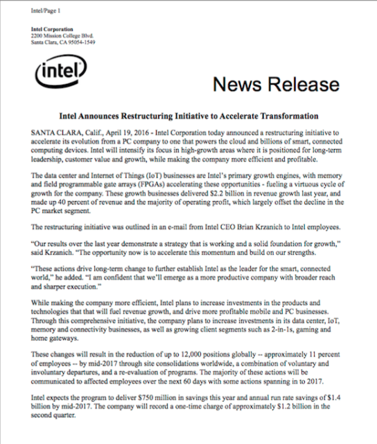 Intel annuncia tagli al personale e una ristrutturazione interna.