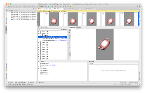 Con il debugger Ã¨ possibile analizzare il flusso di elaborazione della Gpu quando opera con le librerie OpenGL ES.