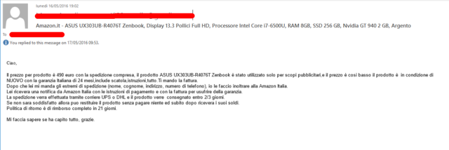 Il "venditore" vi manda "le istruzioni del pagamento". Un metodo di vendita che non Ã¨ certo quello di Amazon.