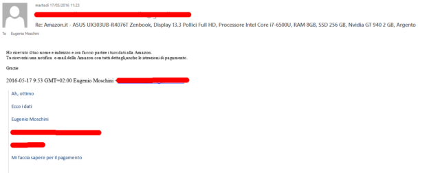 Fingo di abboccare, fornendo i miei dati per la spedizione e il truffatore si prepara a "tirare su" la rete.