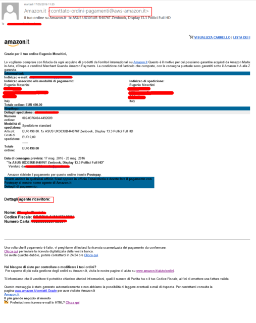 La truffa si completa con una bella mail fake di Amazon. Basta guardarla con (poca) attenzione per accorgersi che non arriva certo da Amazon.