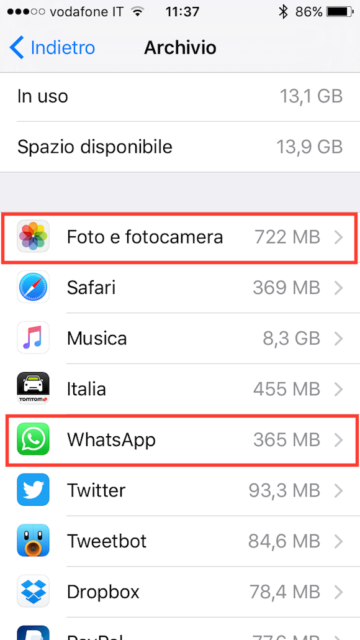 Attenzione a quanto spazio puÃ² divorare un'app come WhatsApp se molti dei vostri contatti condividono foto e video.