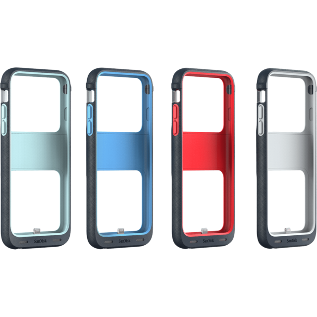 SanDisk iXpand Memory Case, disponibile in 3 tagli di memoria (32, 64 e 128 GB) e 4 colorazioni (grigio chiaro, azzurro cielo, rosso e verde menta).