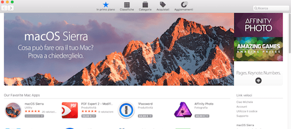 Accedendo al Mac App Store potete scaricare in modo gratuito l'applicazione per installare macOS Sierra sul vostro Mac o per creare un supporto Usb da utilizzare anche su altri computer Mac.