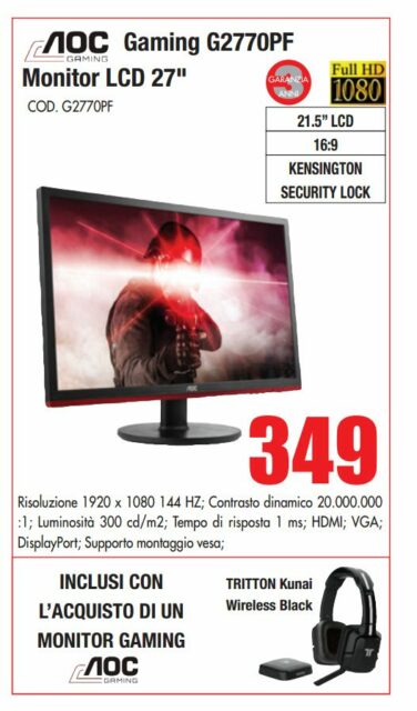 I videogiocatori possono contare su linee di prodotti realizzati ad hoc, come in questo caso. L'ottimo tempo di risposta, 1 ms, e il refresh a 144 Hz lo rendono un'ottima scelta per i giochi piÃ¹ frenetici. La risoluzione Full Hd si sposa bene con la diagonale di 21,5