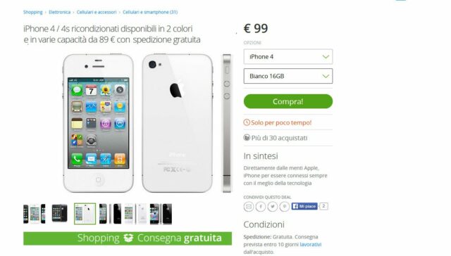 Stesso discorso per questo iPhone 4 a 99 euro. Non Ã¨ aggiornabile a iOS 9 (il 4S invece lo Ã¨) e dunque molte app sono tagliate fuori. L'iPhone 4 Ã¨ molto lento anche con iOS 8; per un utilizzo proficuo bisognerebbe utilizzare la versione 7 ma sorgerebbero grossi problemi di compatibilitÃ Â  e di sicurezza