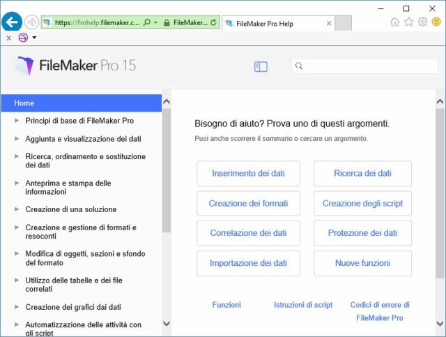 Il sistema di aiuto di FileMaker 15 Ã¨ stato spostato nel Web; questa scelta permette all'azienda di aggiornare e correggere le informazioni con la massima tempestivitÃ Â , ma richiede una connessione attiva.