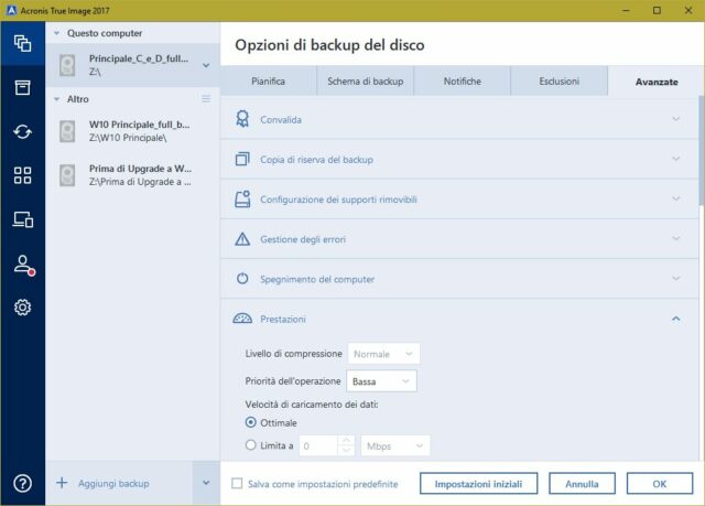 Le opzioni avanzate permettono di modificare il comportamento dei job di backup fin nei minimi dettagli; per esempio si puÃ² regolare l'impatto sulle prestazioni del Pc.