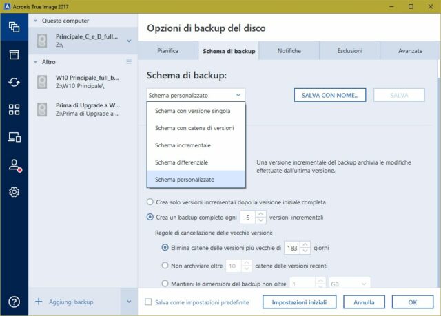 Le opzioni che controllano le modalitÃ Â  di backup sono molto ricche: si puÃ² scegliere tra uno degli schemi proposti, oppure impostare una strategia personalizzata.