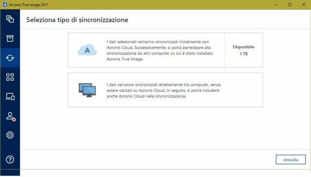 La sincronizzazione dei dati tramite True Image puÃ² appoggiarsi allo storage online di Acronis, oppure puÃ² agire soltanto all'interno della rete locale.