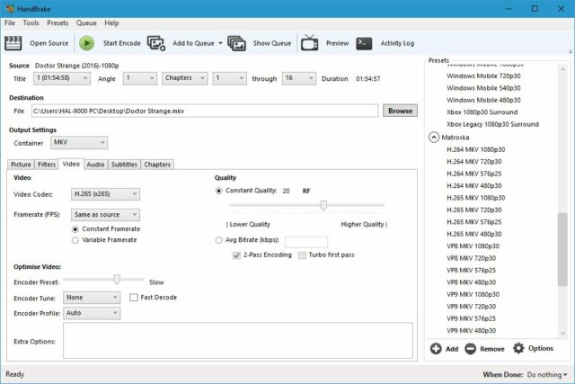 La sezione Video Ã¨ la piÃ¹ importante: si puÃ² scegliere il codec e impostare il livello di compressione con il cursore Quality. In alternativa si puÃ² scegliere il bit rate medio.