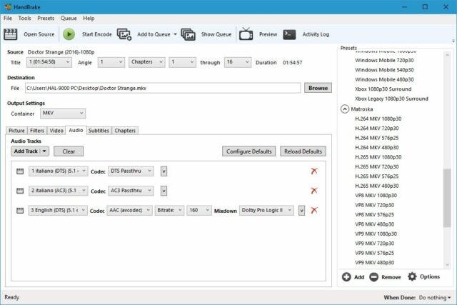 HandBrake gestisce piÃ¹ colonne sonore; per ciascuna permette di scegliere se lasciarle inalterate oppure se comprimerle con uno dei codec audio supportati.