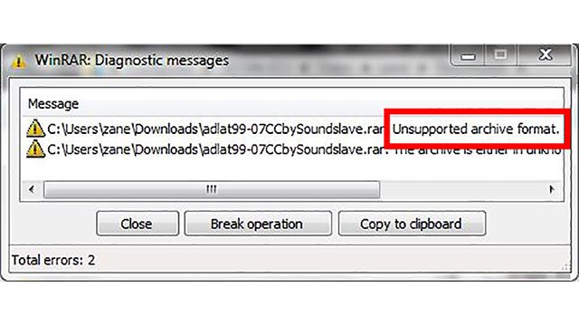 WinRar errore file non supportato