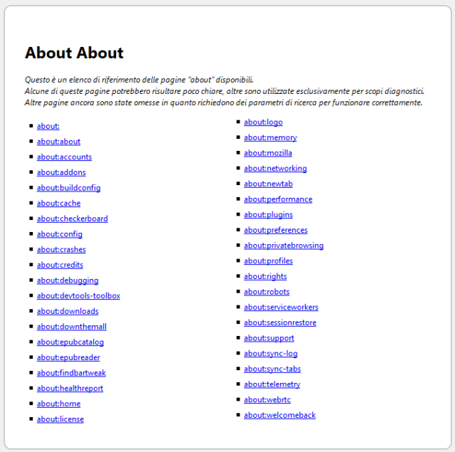 Firefox, pagine about
