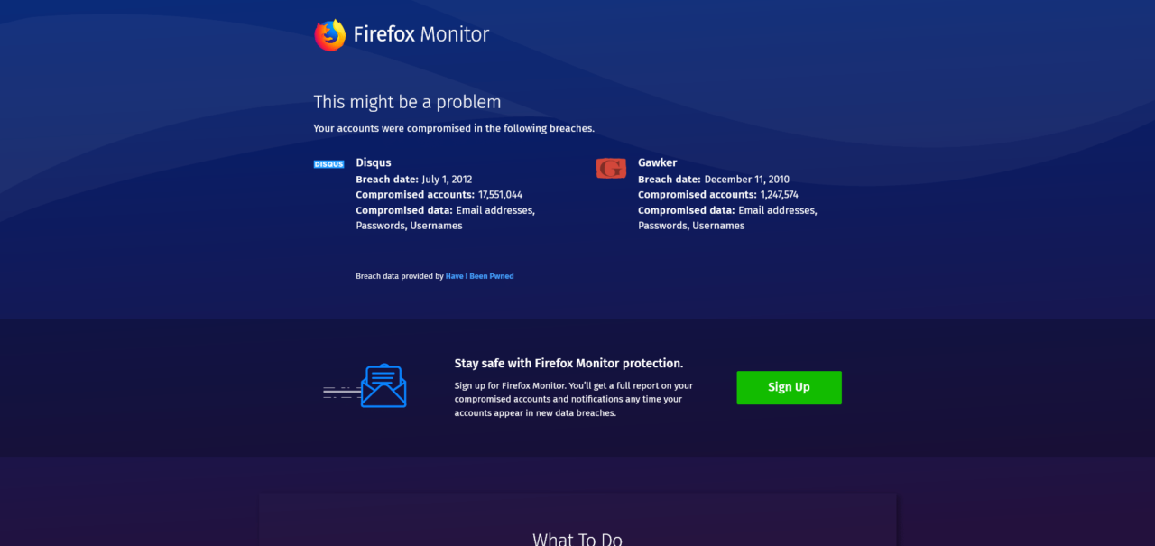 Firefox Monitor - e-mail potenzialmente compromessa