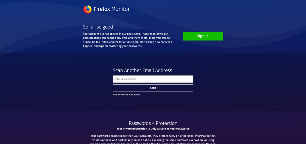 Firefox Monitor - e-mail non compromessa