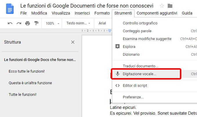 Le funzioni di Google Documenti: