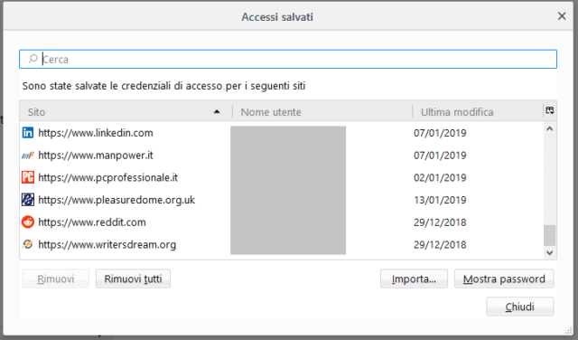 Firefox, elenco password