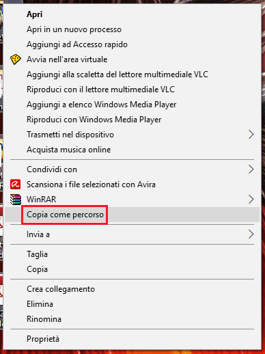 Copia come percorso dal Menu Contestuale