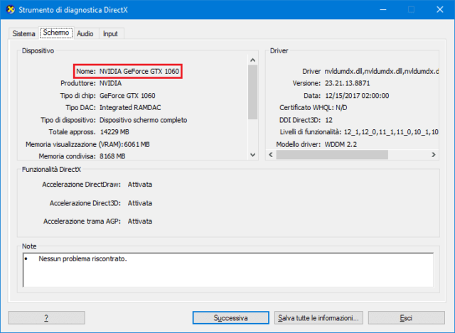 Dxdiag, identificazione GPU