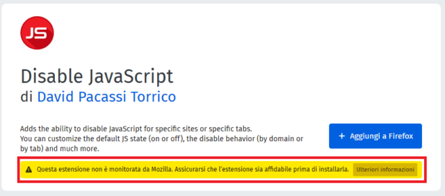 Firefox, Estensione non monitorata da Mozilla