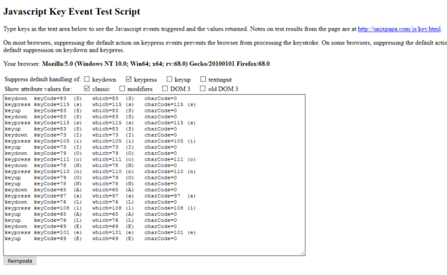 Javascript Key Event Test Script