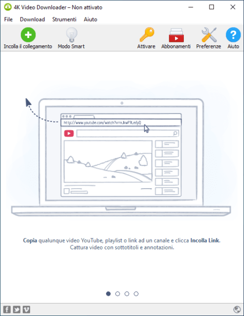 Lâinterfaccia principale di 4K Video Downloader Ã¨ semplice e ben tradotta in italiano; basta un clic per importare un link e iniziare lo scaricamento di un video.