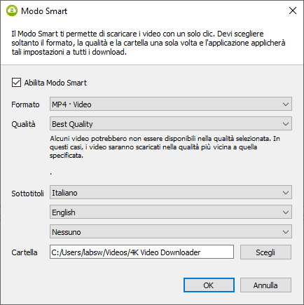 Il Modo Smart permette di preselezionare il formato di salvataggio dei file e tutte le altre opzioni principali, per poi scaricare i video direttamente, senza bisogno di ulteriori passaggi.