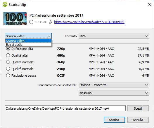 La finestra di importazione consente di scegliere tra il semplice download dei filmati e lâestrazione della traccia audio, che puÃ² essere salvata in formato Mp3.