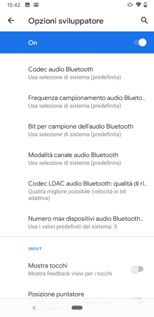 La sezione della scheda Opzioni sviluppatore che riporta le informazioni sui codec audio Bluetooth sugli smartphone Android.