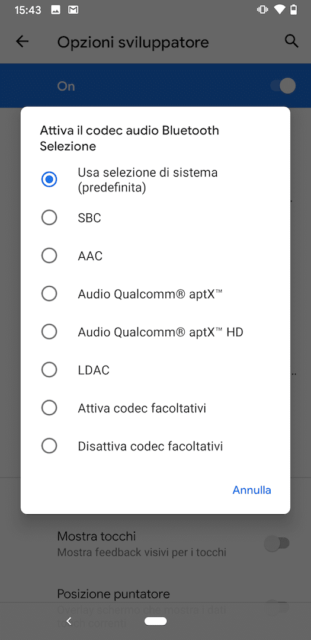 La scheda che permette di selezionare il codec audio Bluetooth sugli smartphone Android.