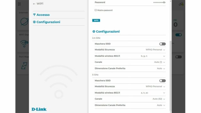 Queste sono le opzioni disponibili per lâapparato radio Wi-Fi, in questo caso con gestione separata delle reti a 2,4 e 5 GHz e band steering disattivato.