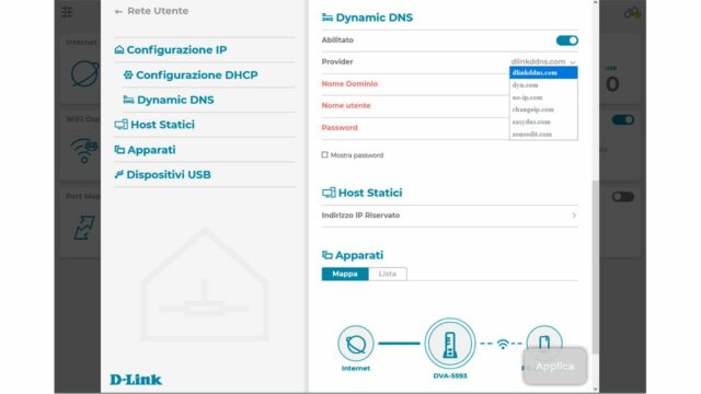 La lista dei servizi Dynamic Dns comprende 6 voci, compreso 
il servizio gratuito offerto direttamente da D-Link previa registrazione.