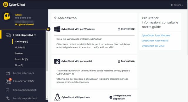 Dalla sezione personale del sito Web di CyberGhost si possono scaricare i client  per gli Os desktop e trovare le istruzioni di configurazione per gli altri device.