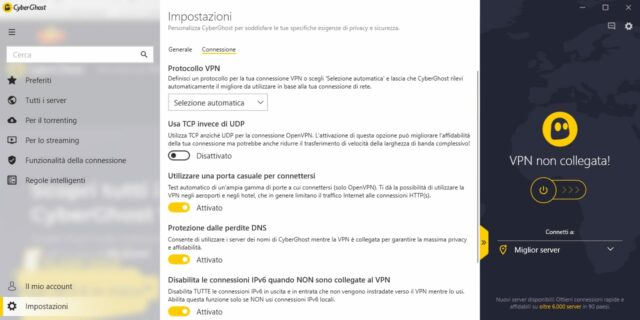 La pagina delle impostazioni di connessione propone alcune opzioni interessanti, come quella per utilizzare ogni volta una porta casuale per la comunicazione.