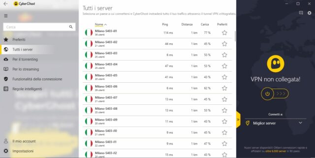 Attraverso il client si puÃ² scegliere il server specifico a cui collegarsi, determinando anche la posizione geografica esatta di uscita.