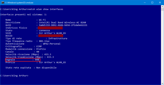 Netsh, livello segnale Wi-Fi