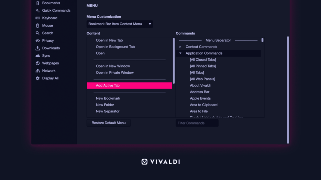 Vivaldi configualable context menu