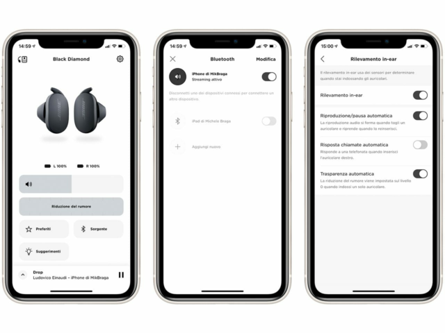 Lâapp Bose Music permette di visualizzare il livello di carica degli auricolari, il livello del volume e quello della riduzione attiva del rumore. La scheda Sorgente Bluetooth permette di vedere quali dispositivi sono stati registrati sullâaccount Bose e fornisce un modo per smangiare gli auricolari da un dispositivo per attivarli su unâaltro. Lâapp Bose Music Ã¨ invece necessaria per configurare il comportamento delle superfici touch e quello degli auricolari quando vengono vestiti o tolti dal padiglione auricolare.